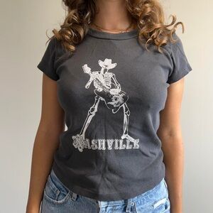 Brandy Melville Hailie Nashville Skeleton Guitar Gray T-Shirt